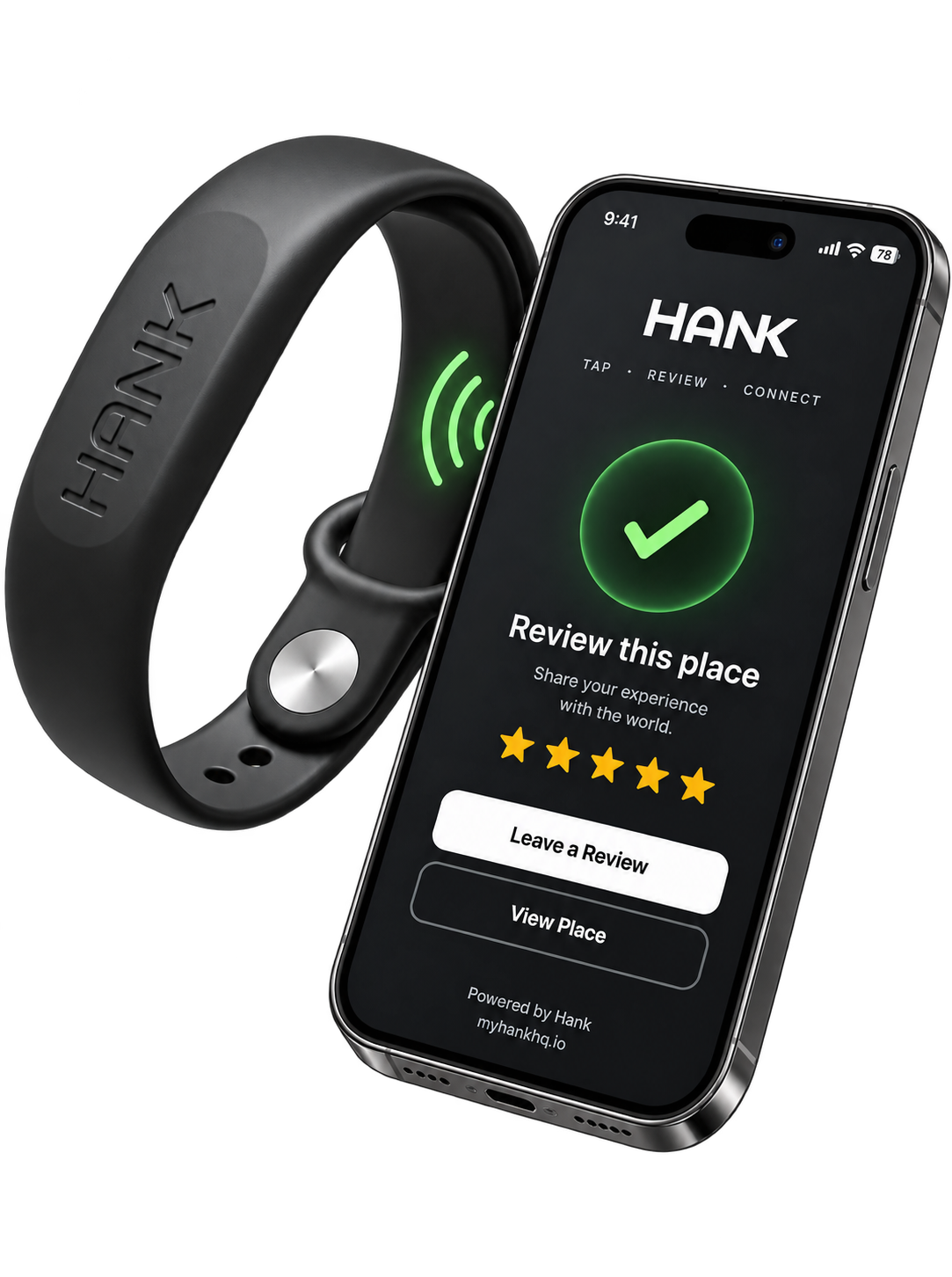 Hank card tapping a phone showing a rate-your-experience screen